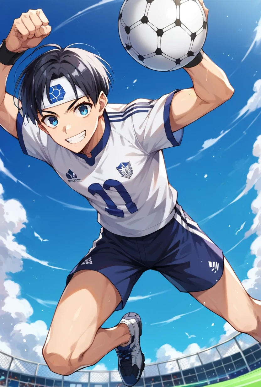 score_9, score_8_up, nanase nijiro, 1boy, solo, black hair, blue eyes, white headband, sportswear, smile, looking at viewer, middle shot, ball in air, soccer staudium