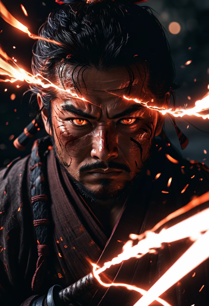glowing samurai emitting sparks and electricity, dark red and orange, glowing eyes, cinematic film still