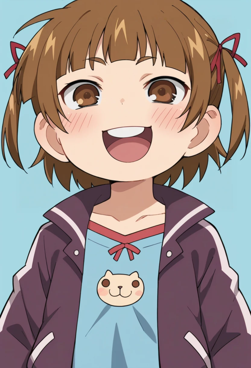 score_9, score_8_up, score_8, source_anime, <lora:MitsubaMarui:0.8> chibi, 1girl, brown hair, brown eyes, solo, twintails, short twintails, short hair, hair ribbon, purple jacket, blue shirt, blush, happy, laugh,
simple background, light blue background,
