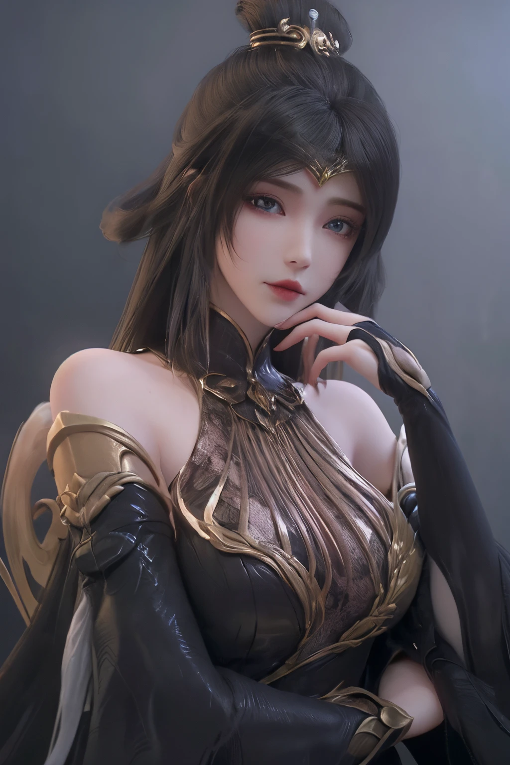 <lora:monv:1>,monv,1girl,solo,long hair,brown hair,looking at viewer,bare shoulders,upper body,streaked hair,gold ornament,white hair,black silk lining,golden flower,hair accessory,dress,hair ornament,simple background,multicolored hair,breasts,realistic,detached sleeves,elbow gloves,frills,grey background,, best quality , masterpiece, illustration, an extremely delicate and beautiful, extremely detailed ,CG,unity,8k wallpaper, Amazing, finely detail, masterpiece, best quality,official art,extremely detailed CG unity 8k wallpaper,absurdres, incredibly absurdres, huge filesize , ultra-detailed, highres, extremely detailed,beautiful detailed girl, extremely detailed eyes and face, beautiful detailed eyes,light on face,