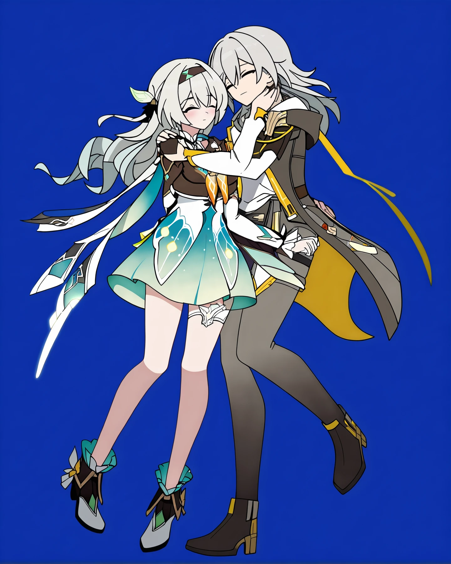 (8k:0.9), best quality, masterpiece, (ultra-detailed:1.2), (high detailed skin), full body, 
<lora:LKtrain-pony-Tanger-000005:0.8>, Firefly /(honkai: star rail/), Firefly's def clothes, stelle/(honkai: star rail/), stelle's def clothes, two anime characters  hugging together, closed eyes, 
simple background,