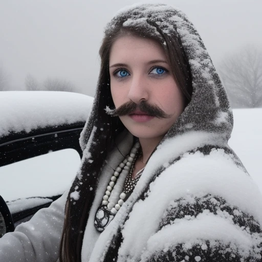 snow, motor vehicle, blurry, brown hair, monochrome, 1girl, necklace, mustache, blue eyes