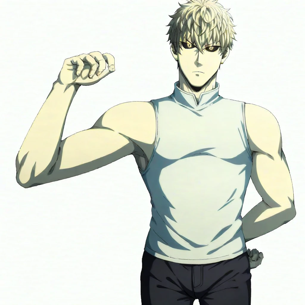 white background, male focus, upper body, genos, sleeveless, looking at viewer, colored sclera, simple background, full body, pants