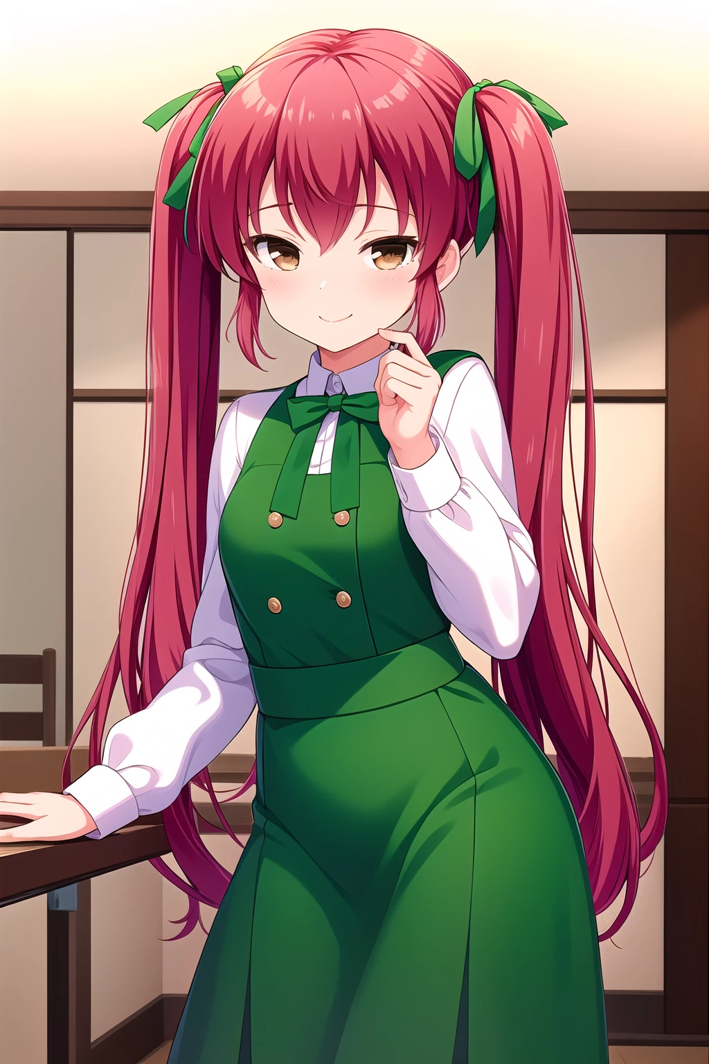 (masterpiece, best quality), highly detailed background, perfect lightingbest quality, yatsukayukie, solo, indoors, red hair, twintails, green ribbon, hair ribbon, hair between eyes, very long hair, brown eyes, small breasts, green dress, white shirt, green skirt, smile, closed mouth, :), pink lips, <lora:Yatsuka-Yukie:0.7>