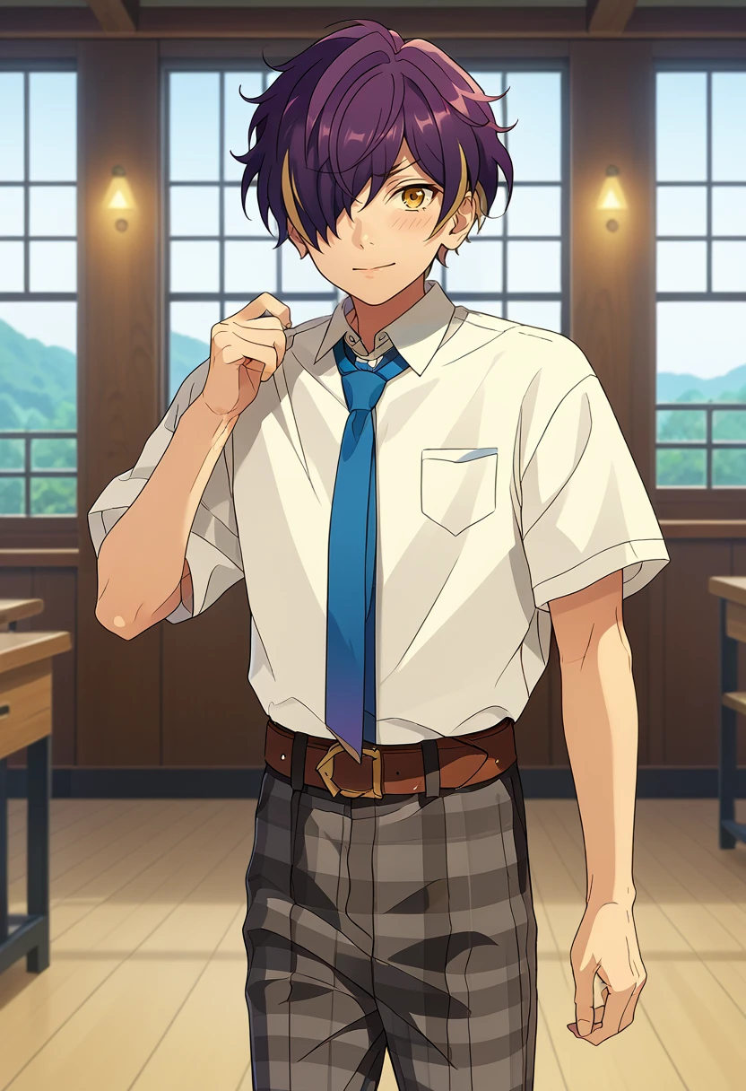 score_9, score_8_up, score_7_up, masterpiece, best quality, solo, cute, male focus, Shinobu Sengoku, multicolored hair, purple hair, yellow eyes, hair over one eye,blue necktie, white shirt, belt, grey plaid pants<lora:EMS-362435-EMS:1.000000>, <lora:EMS-359635-EMS:0.600000>