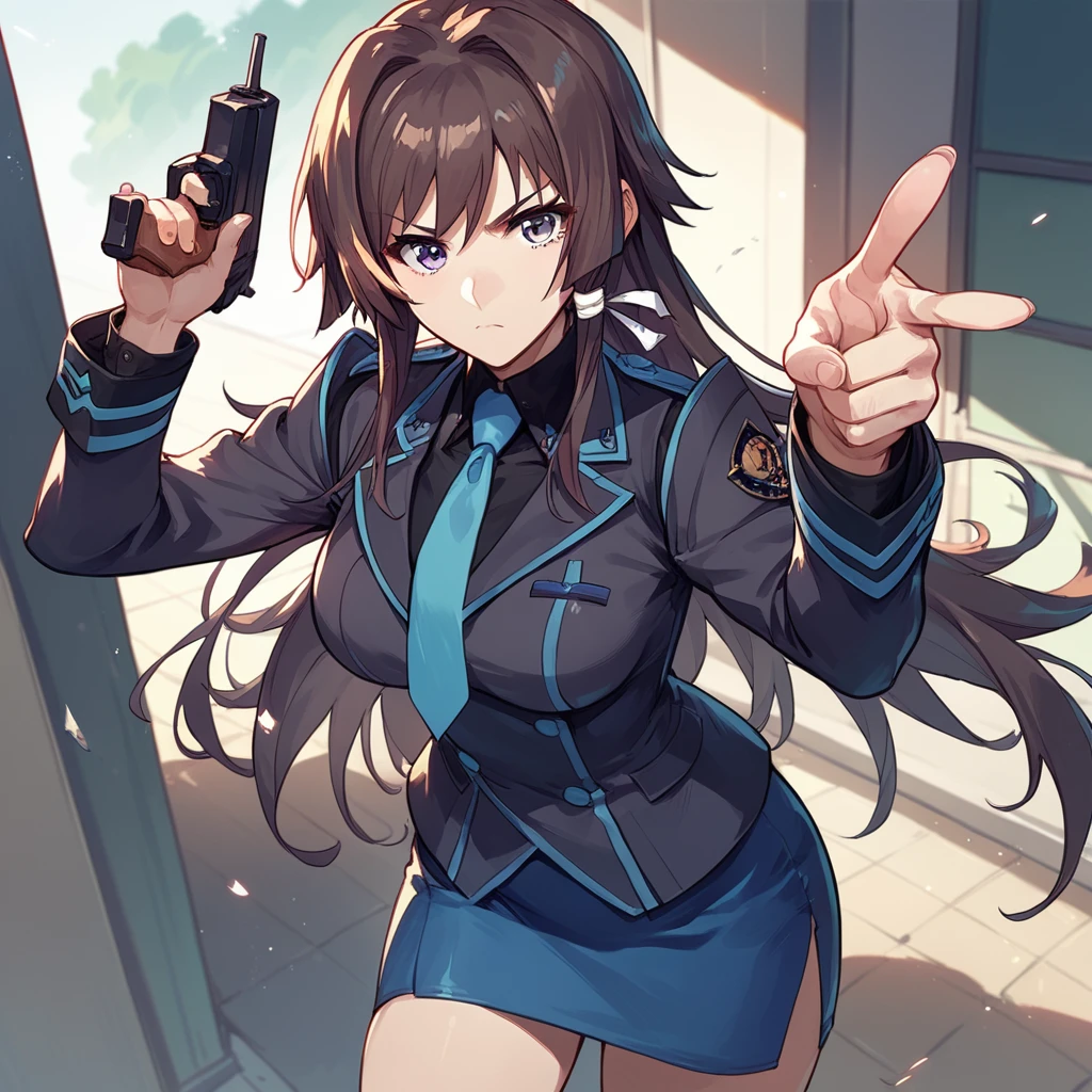 score_10, score_9, score_8_up, score_7_up, source_anime, BREAK, 1girl, YuiTakamura, military uniform, black shirt, blue necktie, military pencil skirt, pointing gun at viewer