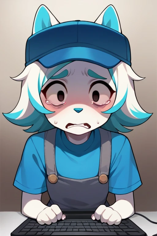 2D,anime, score_9, score_8_up, score_7_up, 1girl, solo, Karen, furry, cat, black eyes, white fur, white hair, blue hair, blue hat, blue shirt, white overalls, grey overalls, white overalls, laptop, scared, stressed<lora:EMS-361520-EMS:1.000000>