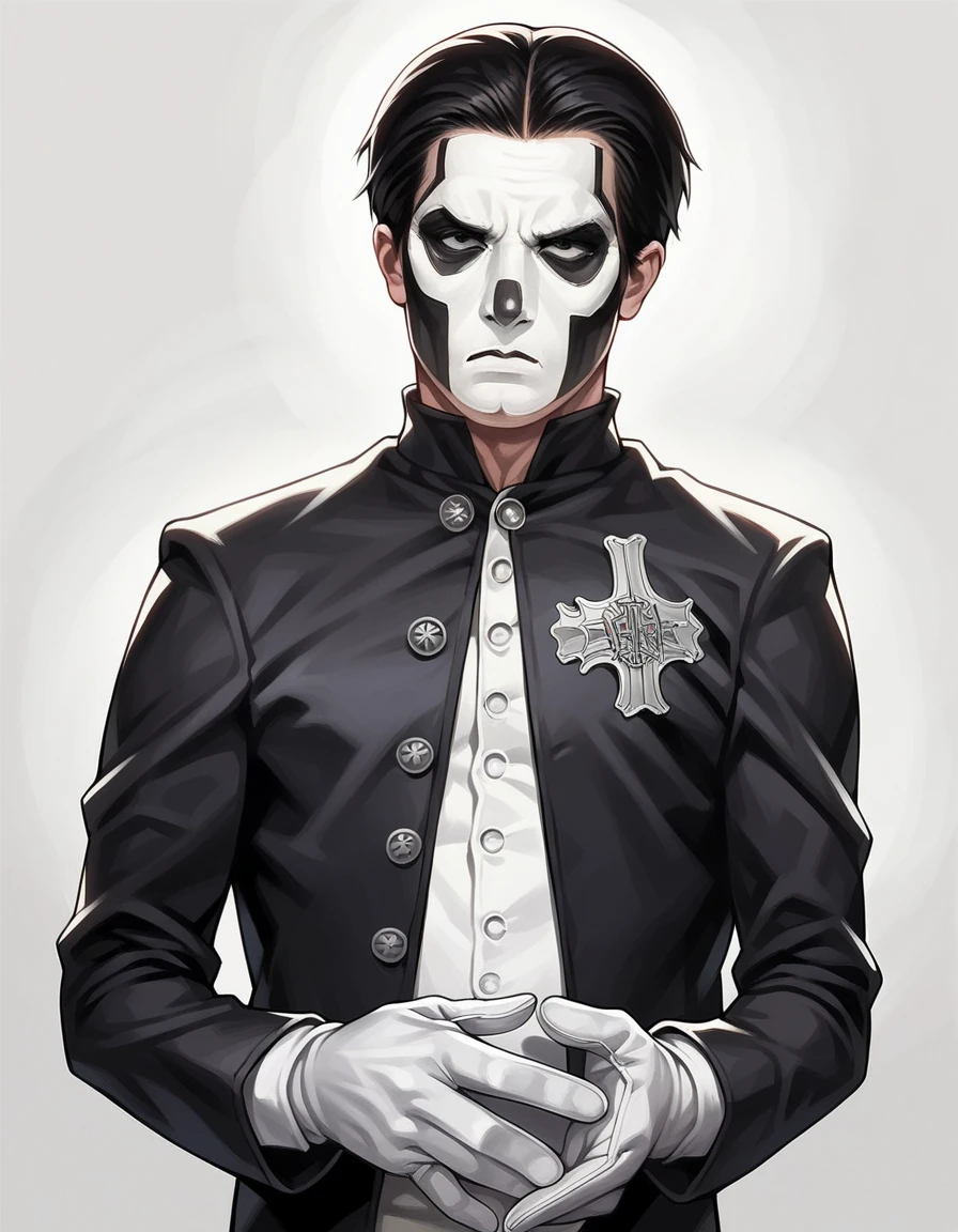 score_9, score_8_up, score_7_up, score_6_up, score_5_up, score_4_up, best quality, anime, 1boy, solo, black hair, hud_p4p4_3, short black jacket, buttons, white shirt, white gloves, black and white facepaint, realistic, <lora:papa_emeritus_3:0.8>