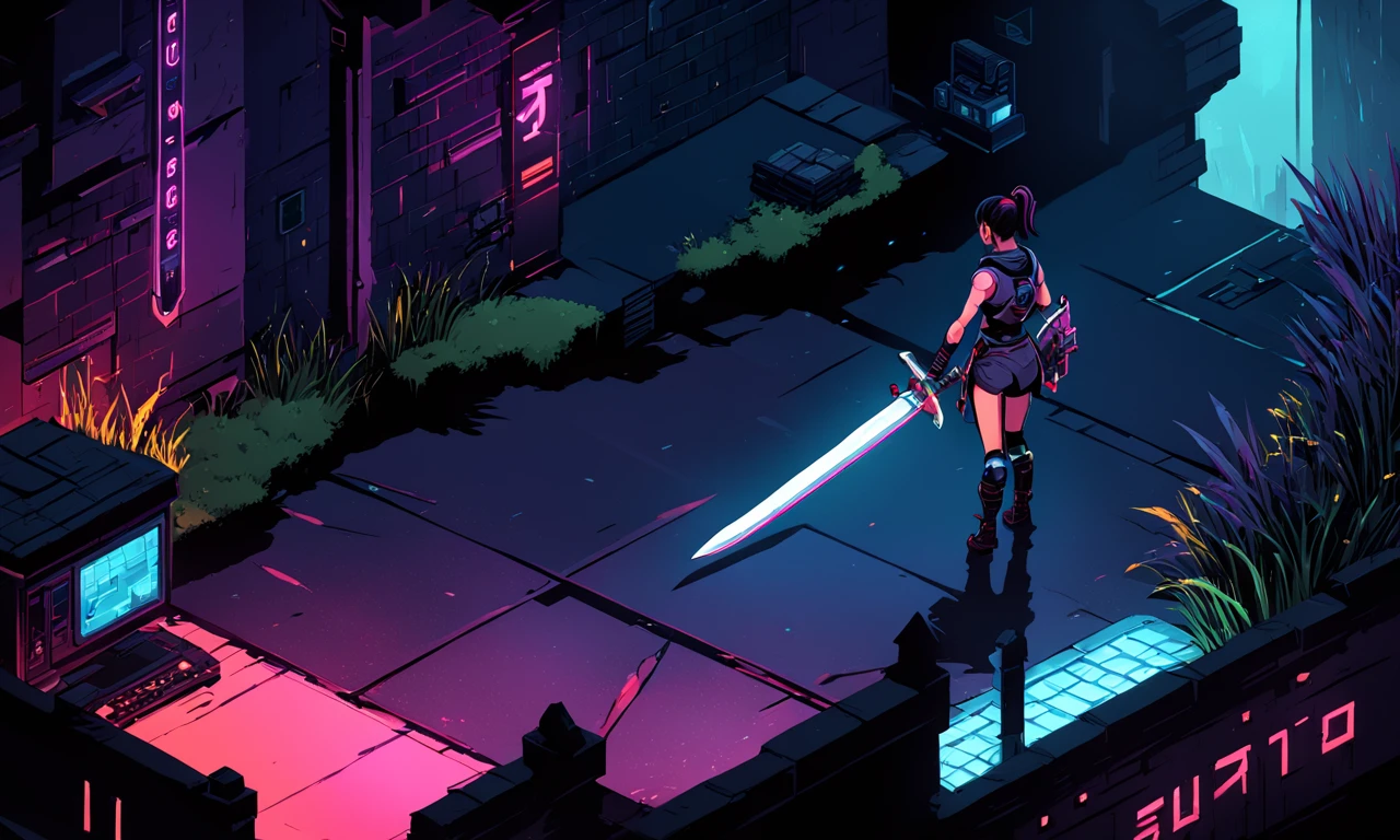 isometric landscape, a girl carrying a large sword, cyberpunk, dark mood, best quality, masterpiece, <lora:supgiantisosdxl:0.8>, painted, supgiantisosdxl, large landscape, dark, cartoon, neon,