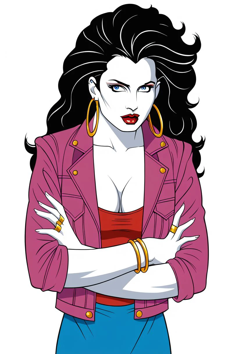 etpzzgl, 1girl, solo, jewelry, black hair, earrings, cleavage, lipstick, hoop earrings, makeup, long hair, ring, bracelet, jacket, blue eyes, crossed arms, medium breasts, red lips, colored skin, white skin, flat color, vector art, 1980s vibes, PonyXLV6_Scores