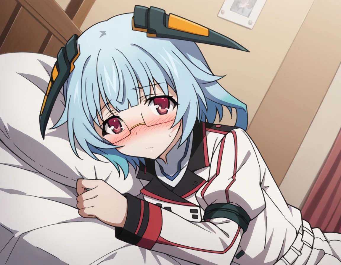 score_9, score_8_up, score_7_up, source_anime,
kanzashisarashiki, <lora:kanzashi-sarashiki-s2-ponyxl-lora-nochekaiser:1>,
kanzashi sarashiki, red eyes, blue hair, glasses, semi-rimless eyewear,
school uniform, ribbon, blue ribbon, long sleeves, red trim, uniform, military uniform, white military uniform,
indoors, bed, bed room, on side, blush, drunk,
looking at viewer, cowboy shot, solo, dutch angle,