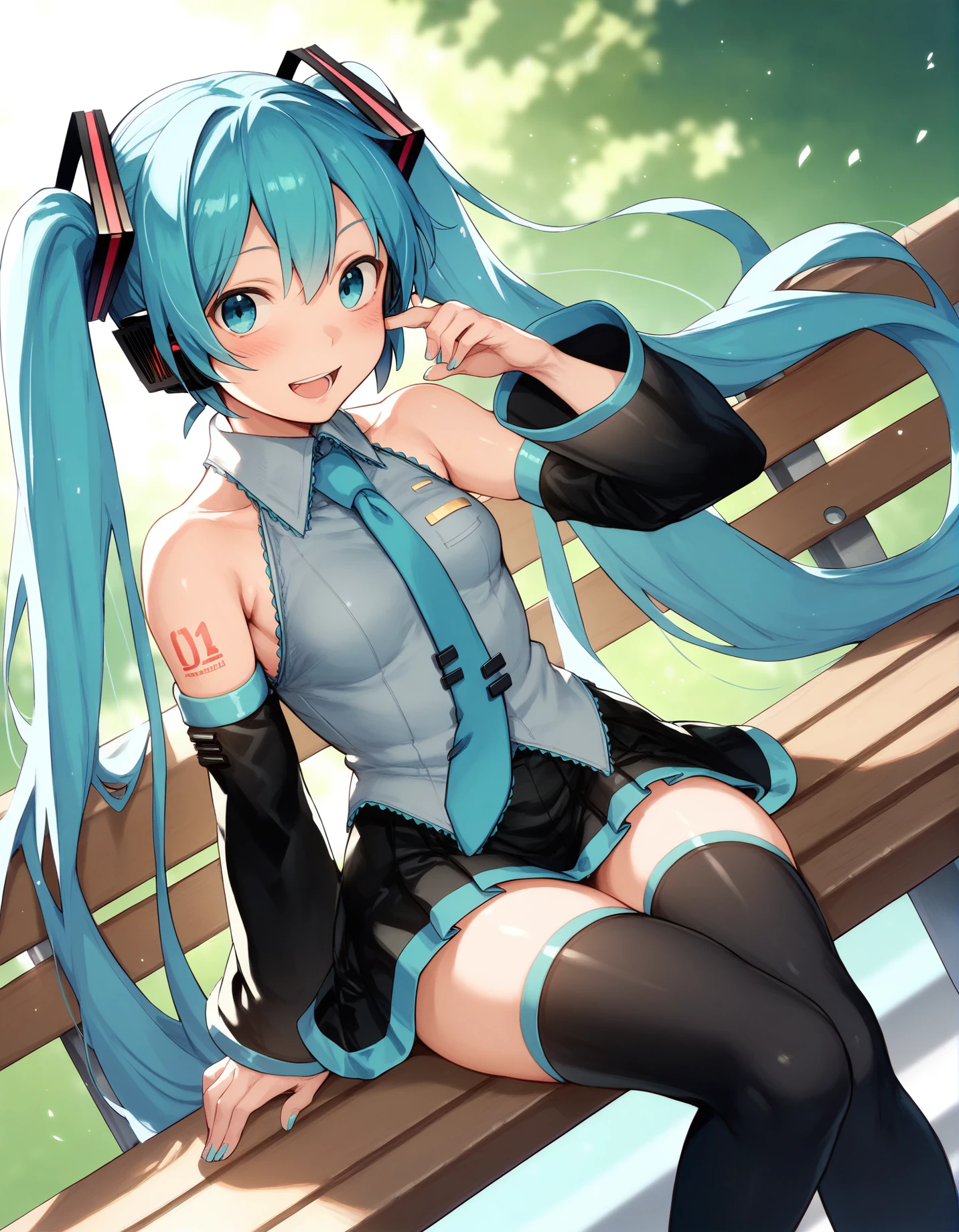 score_9, score_8_up,score_7_up,score_6_up, a girl is sitting on a park bench, smile, open mouth, blush, detached sleeves, black thighhighs, black skirt, hatsune miku, <lora:salad_style_pony6_v1-000024:.9> , dutch angle,