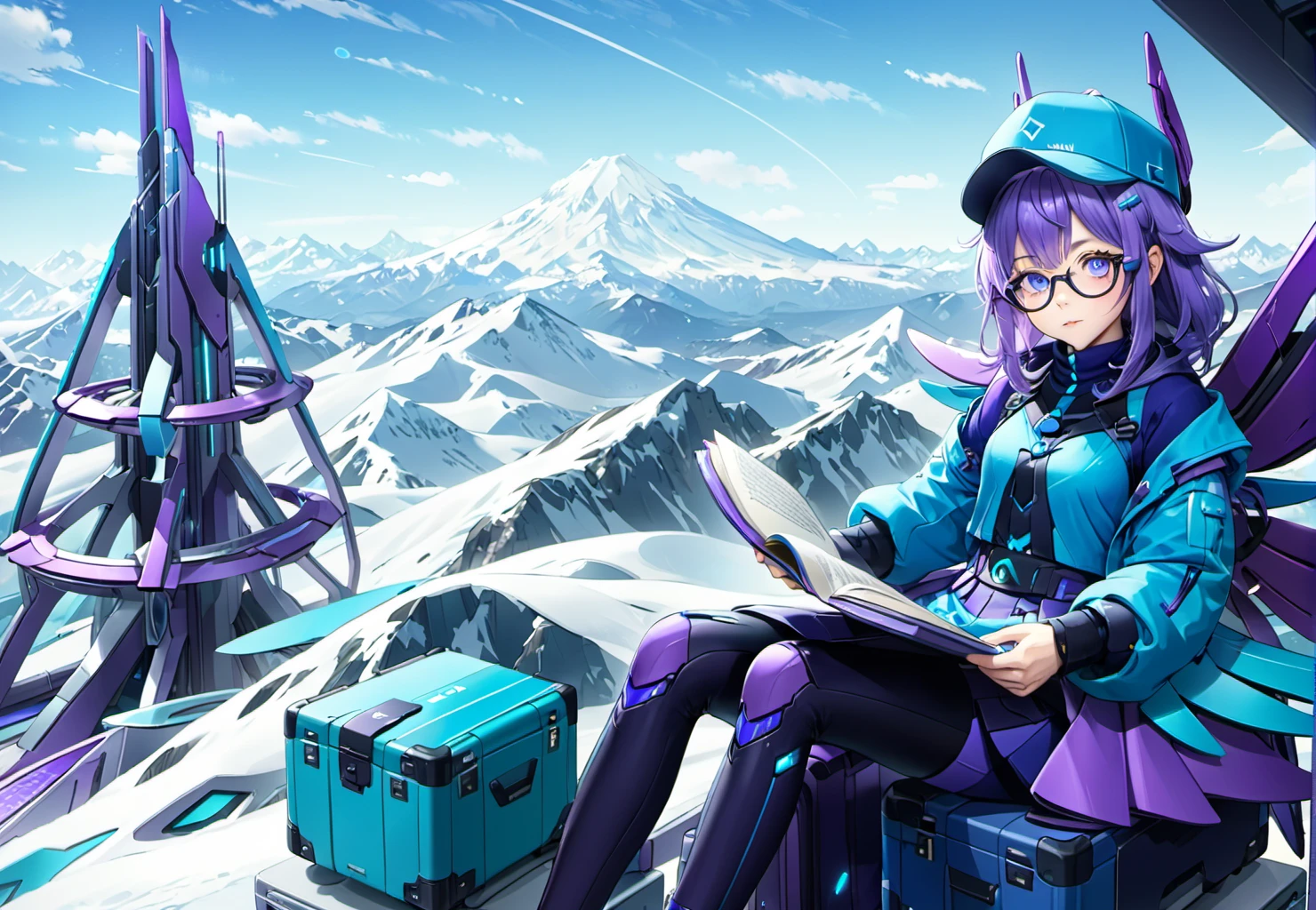 close up, anime character,  ong purple hair, blue-themed outfit, sitting on suitcases, holding a book, glasses, and a cap, with a tech-inspired design, with snowy mountain landscape and futuristic structures, star wing style,  <lora:XX:0.6>