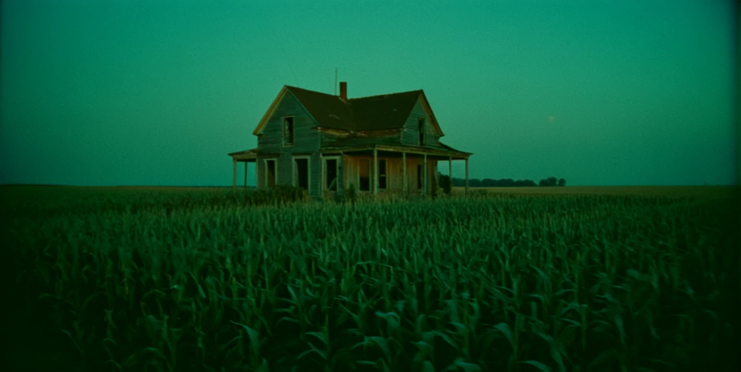 cinematic, 1950, abandoned house, cornfield, low saturation, at dawn, film grain, Æ/22, Short telephoto focal length, shot on ALEXA 65, dark, reflections, dust, <lora:CinematicStyle_v1:.9>