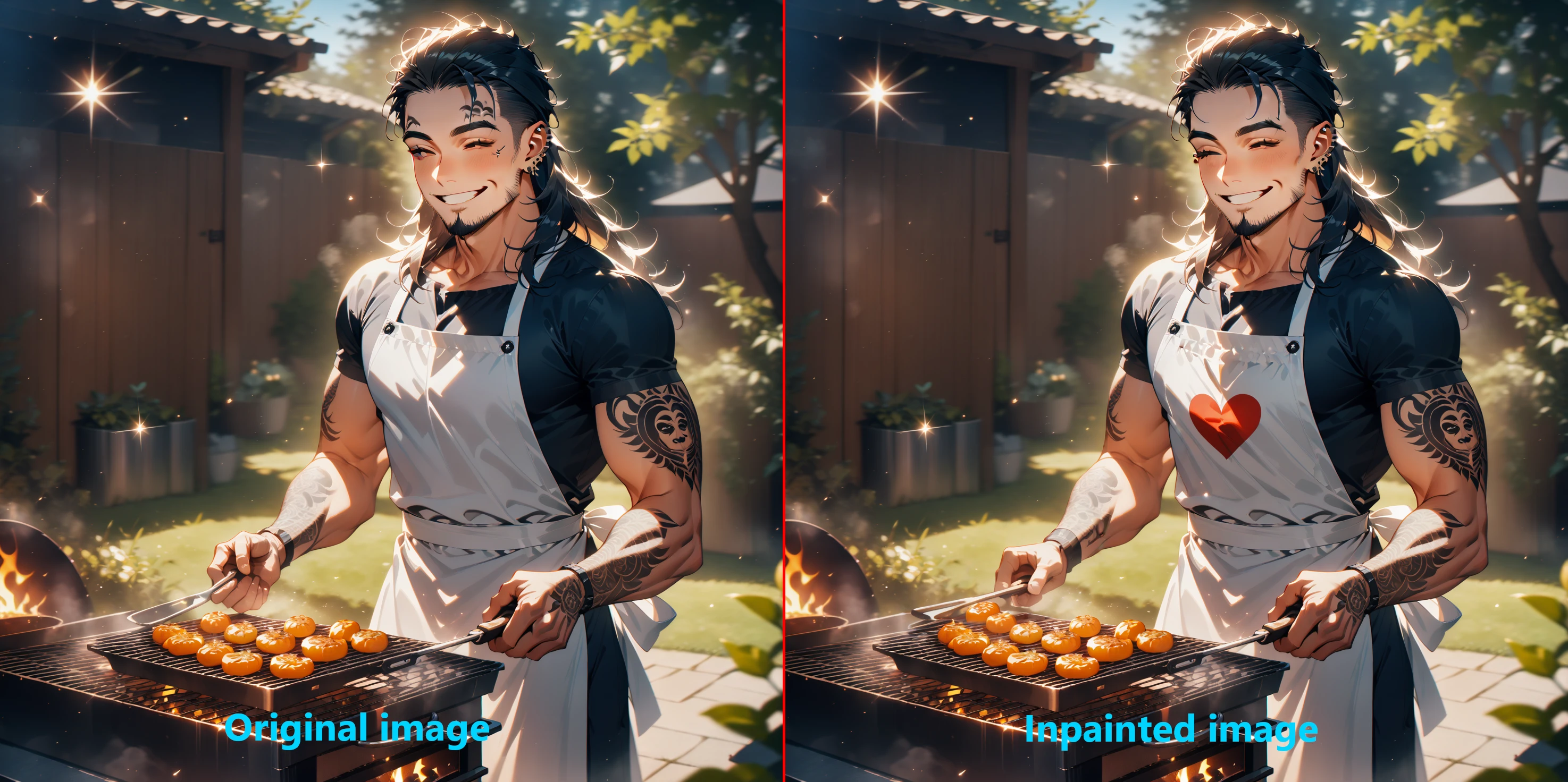 masterpiece, best quality, very aesthetic, absurdres, handsome man grilling outdoors wearing a white apron with a big red heart, closed eyes, wide smile, short beard, long hair, tattoos, piercings, sparkles, sunny, in the backyard <lora:Anime Summer Days 2 Style SDXL_LoRA_Pony Diffusion V6 XL:1>