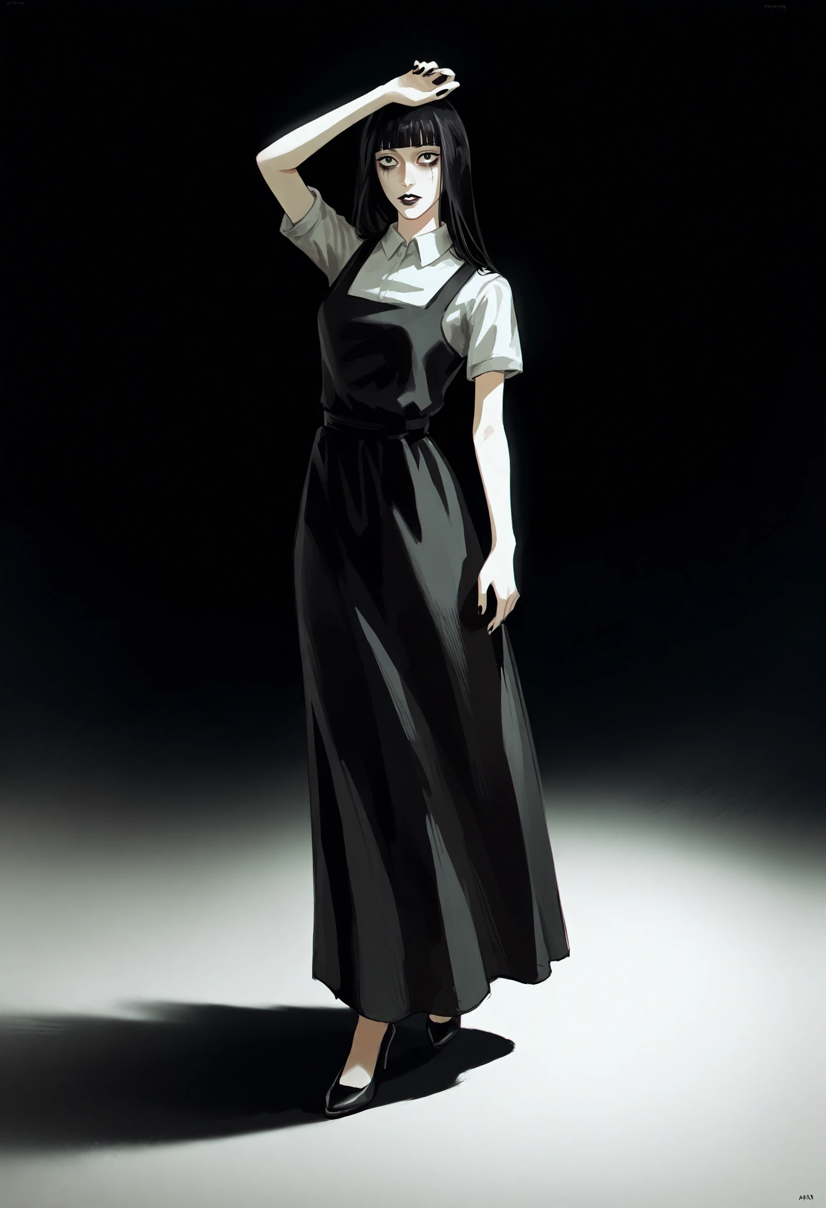 score_9, score_8_up, score_7_up, score_6_up, score_5_up, score_4_up,
BREAK
1girl, samarie funger, blunt bangs, black hair, black eyes, bags under eyes,
BREAK
standing, black dress, long dress, white shirt, short sleeves, black lips,
BREAK
black background, simple background, dynamic pose, dark, <lora:Lunas-Uqi32-SDXL-A1:1> <lora:Lunas-Samarie-Funger-SDXL-A1:1>