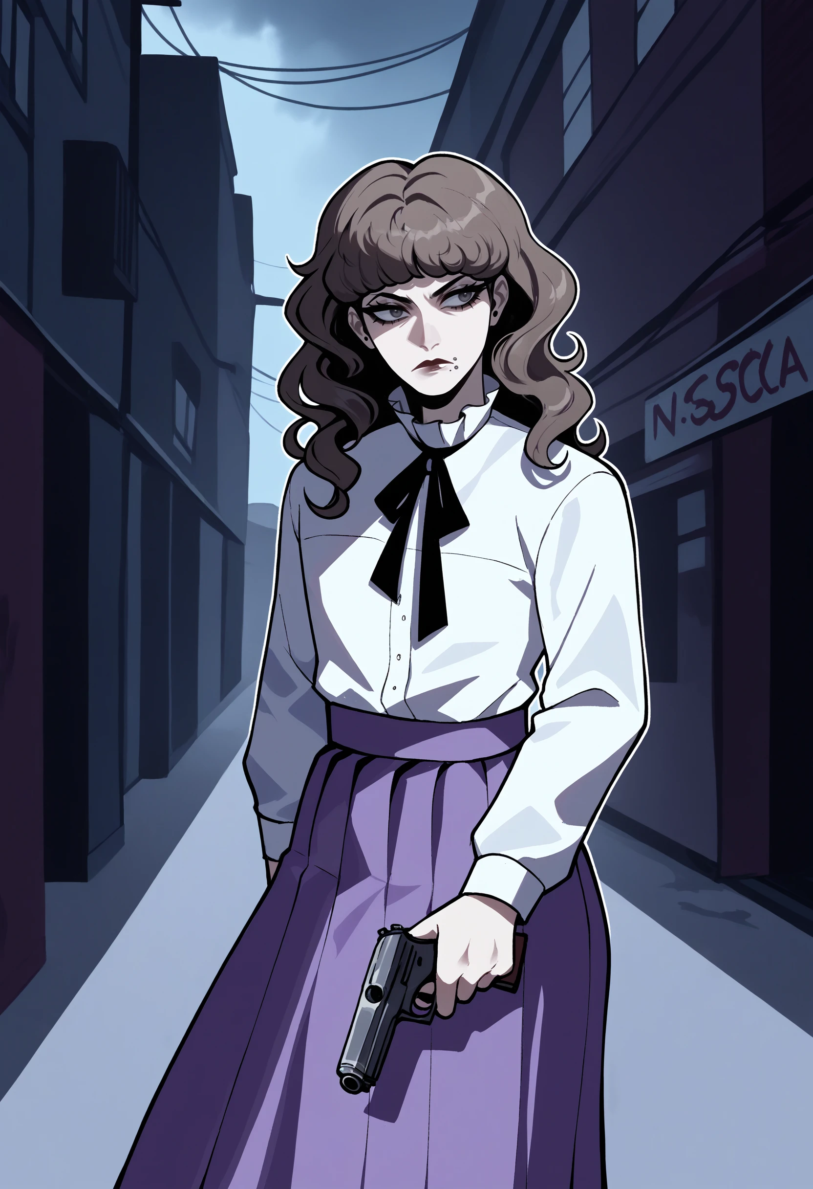 score_9, score_8_up, score_7_up, score_6_up, score_5_up, score_4_up,
BREAK
1boy, otoko no ko, femboy, trap, marina funger, dark brown hair, wavy hair, curly hair, dark grey eyes, long eyelashes, mole under mouth, mouth piercing, black neck ribbon, serious,
BREAK
solo, white shirt, purple skirt, long skirt, skirt lift, holding handgun, pistol,
BREAK
alley, overcast, night, behind cover, looking away, black background, dynamic pose, dark, <lora:Lunas-Marina-Funger-SDXL-A2-000004:1> <lora:Lunas-Nyantcha-Thiccwithaq-SDXL-A1:1>