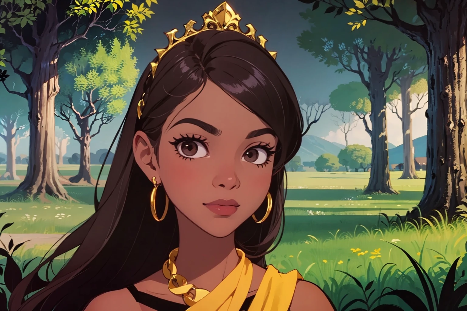 <lora:18CDF0F04D:0.6> A beautiful african princess, in the forest, (( really dark melanated dark brown skin tone)), braided hair, technocolor. Perfect brown eyes. Iris detail. Perfect detail. Animated disney painting. ((Landscape view)), medium closeup portrait.