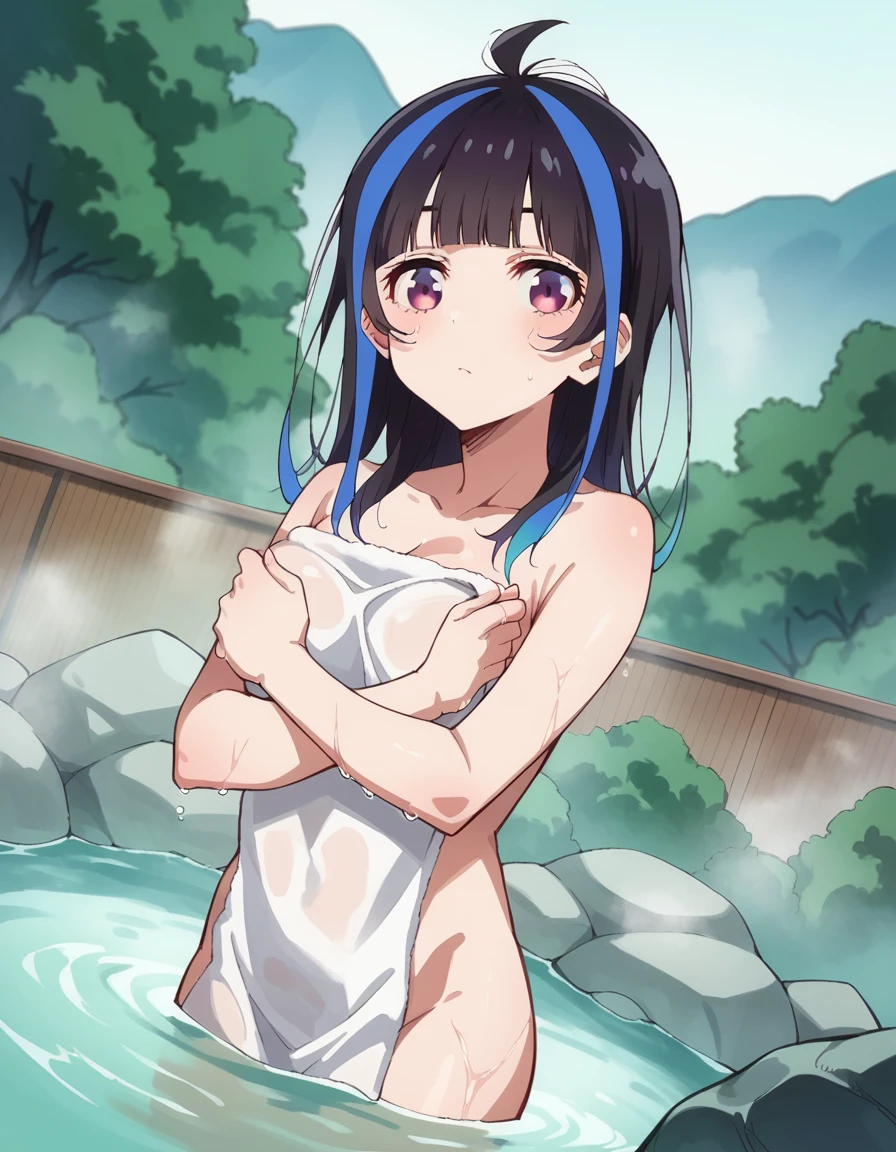 score_9, score_8_up, score_7_up, source_anime,
miniyaemori, <lora:mini-yaemori-s1-ponyxl-lora-nochekaiser:1>,
mini yaemori, long hair, bangs, black hair, blue hair, purple eyes, multicolored hair, blunt bangs, streaked hair, ahoge,
nude, naked,
outdoors, onsen, towel, naked towel, steam, bathing, nude cover, partially submerged, water, bath, steam censor, wet towel,
looking at viewer, cowboy shot, solo, dutch angle,
