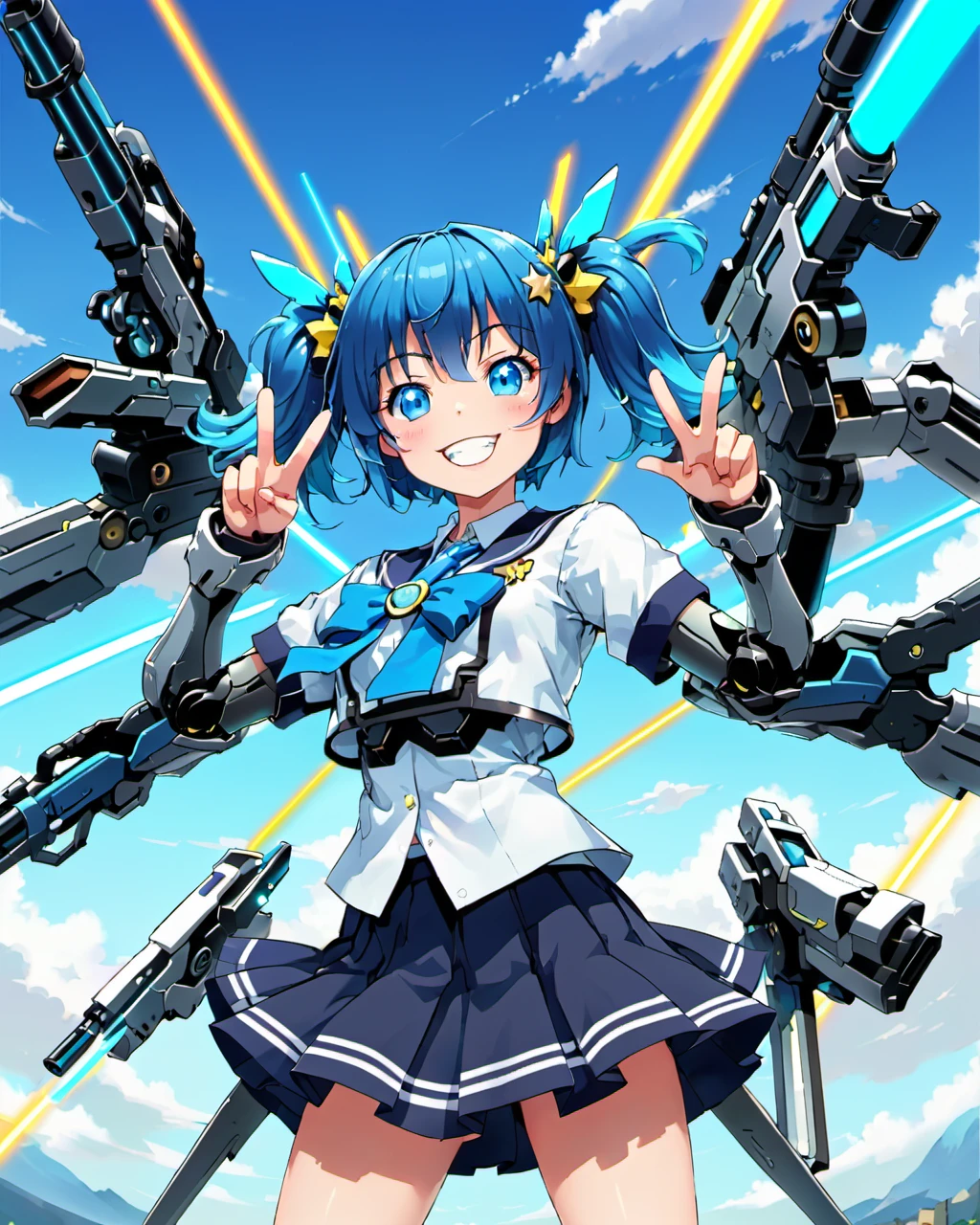 star wing style, close up, anime character, blue hair, twin tails, robotic arms, school uniform style, cheerful expression, V-sign gesture, laser rifle, sky background,  <lora:XX:0.6>