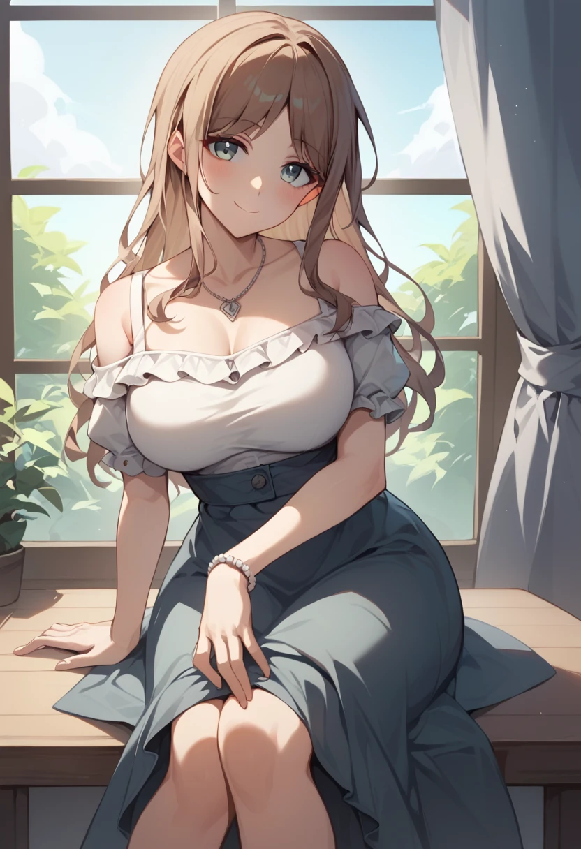 score_9,score_8_up,score_7_up,<lora: nagasaki_soyo_pony:1>,1girl, solo, indoors, sitting, blush, smile, closed mouth, sidelocks, large breasts, long skirt, off-shoulder shirt, short sleeves, necklace, highres, absurdres, hand on own knee, curtains, head tilt, nagasaki soyo, window, day