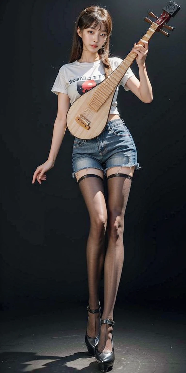 1girl, stand, full body, high heels, holding pipa, playing pipa, pipa, pantyhose, denim short,  masterpiece, best quelity, 8k, T-shirt, Bangs hairstyle, At a lively concert venue