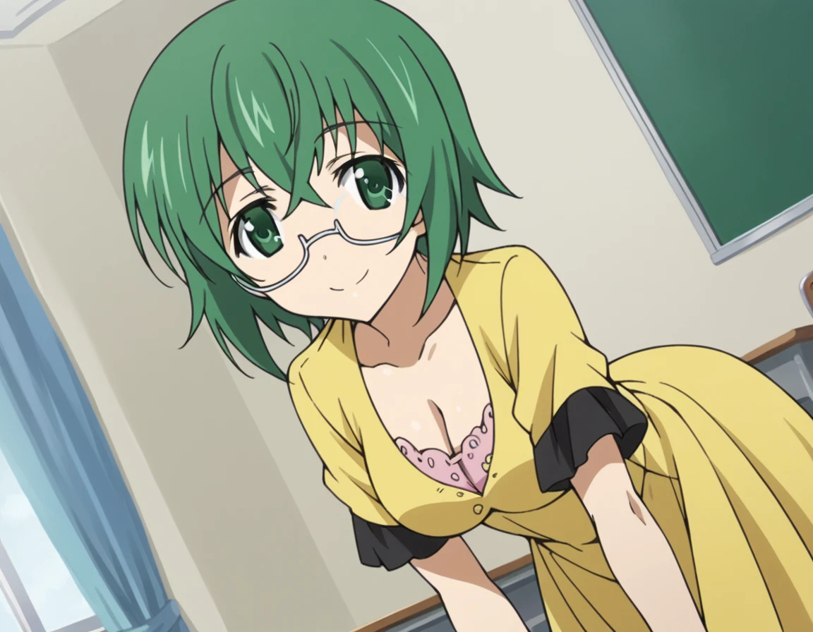 score_9, score_8_up, score_7_up, source_anime,
mayayamada, <lora:maya-yamada-s2-ponyxl-lora-nochekaiser:1>,
maya yamada, short hair, green eyes, green hair, glasses, semi-rimless eyewear, under-rim eyewear,
dress, cleavage, yellow dress, short sleeves, collarbone,
indoors, classroom, bent over, smile,
looking at viewer, cowboy shot, solo, dutch angle,