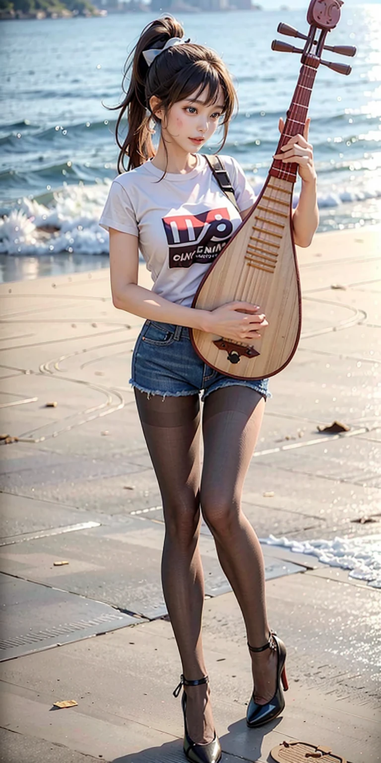 1girl, stand, full body, high heels, holding pipa, playing pipa, pipa, pantyhose, denim short,  masterpiece, best quelity, 8k, T-shirt, Ponytail hairstyle, On a sunny beach