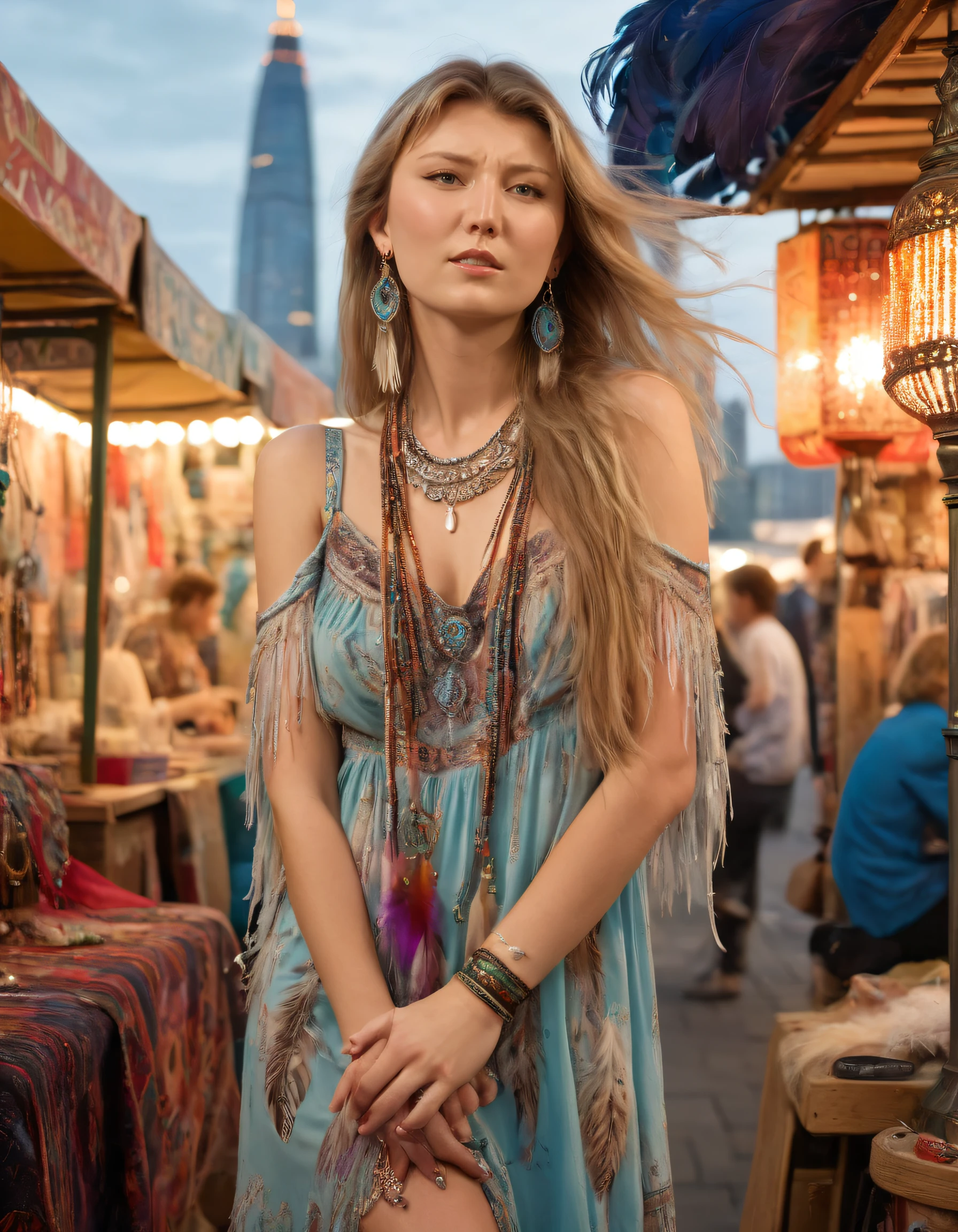 At the vibrant market under a spectacular skyline, Dasha in her bohemian dress with intricate beaded details and feathers gently billowing, leans forward gracefully against a lamppost, one arm draped over a vintage-style stall; her long hair flowing freely, she wears statement earrings and effortlessly holds an eye-catching necklace featuring unique dasha jewelry design while looking at onlookers with a friendly invitation and carefree spirit, embracing the lively atmosphere. <lora:rnpxuq18f20eee557m67:1>