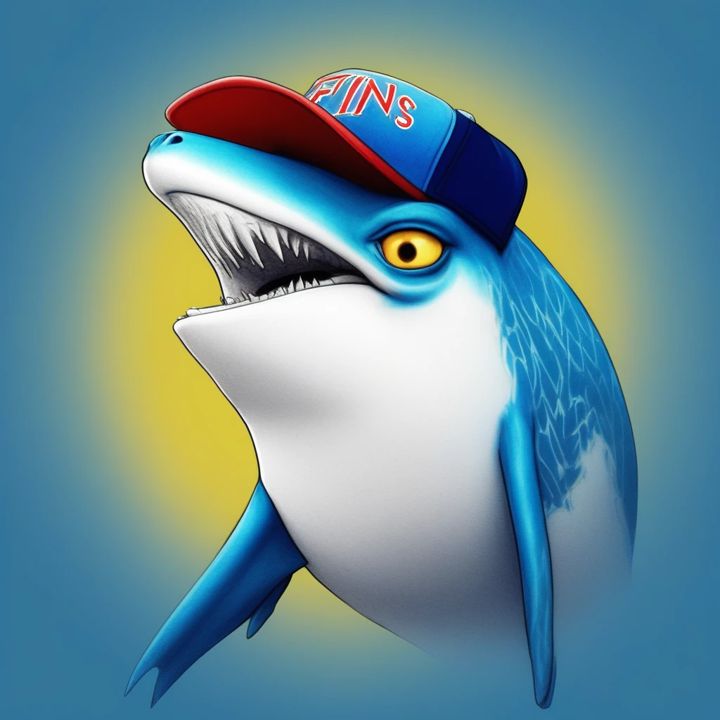 realistic, grin, fins, animal, red hair, blue background, closed mouth, bird, blurry background, looking up, horns, single horn, makeup, lipstick, english text, monochrome, colored skin, yellow eyes, signature, animal focus, baseball cap