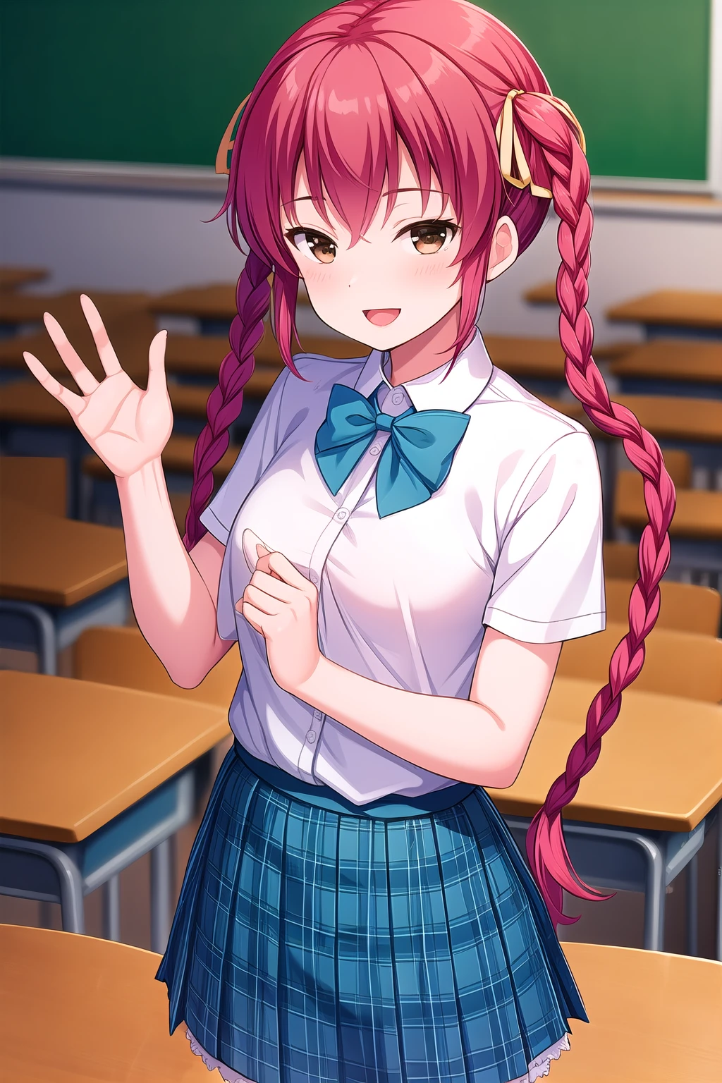 (masterpiece, best quality), highly detailed background, perfect lightingbest quality, yatsukayukie, solo, indoors, classroom, red hair, twin braids, hair ribbon, hair between eyes, very long hair, brown eyes, small breasts, blue bowtie, white shirt, short sleeves, left hand up, blue skirt, plaid skirt, school uniform, smile, open mouth, :d, pink lips, <lora:Yatsuka-Yukie:0.7>