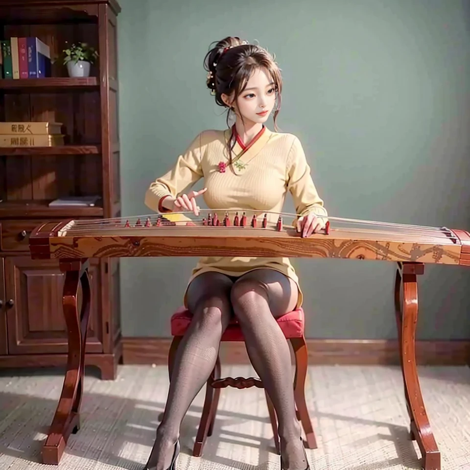 1girl, sitting, high heels, playing guzheng, guzheng, bare arms, pantyhose, masterpiece, best quelity, 8k, Sweater, Updo hairstyle, In a modern office