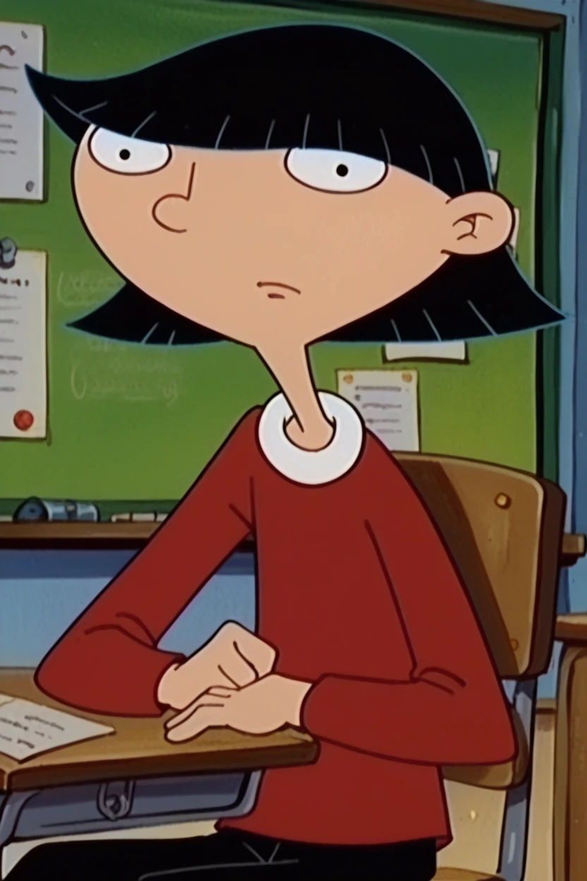 score_9_up,score_8_up,score_7_up,score_6_up,score_5_up,score_4_up BREAK rhonda,1girl,solo,retro artstyle,black hair, black eyes, bob cut, blunt bangs,upper body,red sweater, black pants, upper body,desk,classroom, indoors, sitting,serious, looking at viewer,flat chest,(from side:0.7), chair <lora:RhondaPony:1>