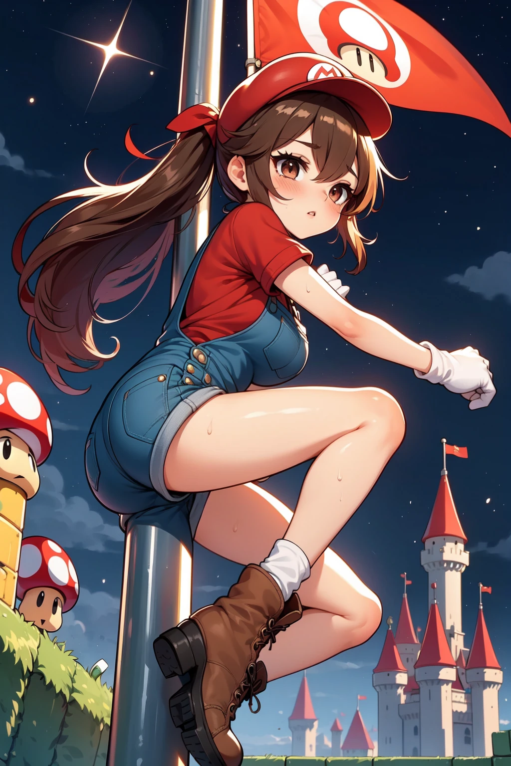 (((masterpiece))), (((best quality))), ((flagpole climbing)), ((leaning forward)), ((castle)), (mushroom logo flag), at height, mario costume, brown hair, red cap, red shirt worn under denim overalls, white gloves, brown shoes, greenery, fireworks, cloudy sky, green pipes, brown stairs blocks, yellow star \(symbol\), (((night))), solo, 1girl, ponytail, absurdly long hair, ribbon, big tits, parted lips, sweat, shy, blush, slim figure, <lora:girllikeflagpoleclimbingmario:0.8>