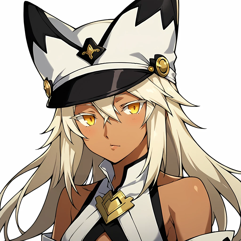 Score_9, score_8_up, score_7_up, source_anime, looking at viewer, (cowboy shot),masterpiece, best quality, upper body, portrait,beautiful, (white background), BREAK, ramlethal valentine, dark skin, (long white eyelashes), BREAK, <lora:Persona_5_Portrait_Style_Pony_upscaled:1>,