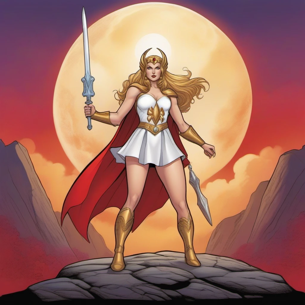 comic a full body woman dressed in a white costume,white miniskirt, golden headband, red cape, with a sword, fantasy background <lora:She-ra-1024:0.8> . graphic illustration, comic art, graphic novel art, vibrant, highly detailed