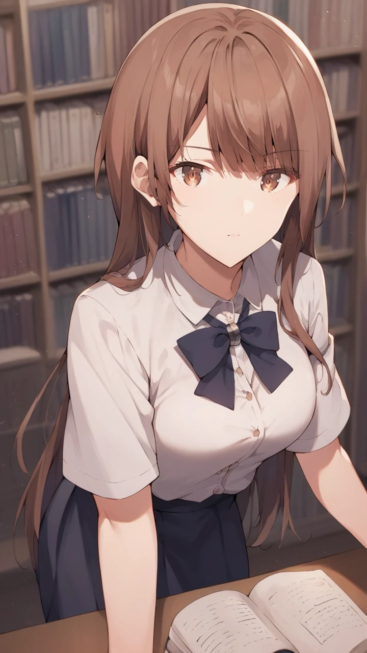 score_9, score_8_up, score_7_up, source_anime,
1girl, solo, indoors, library, books, desk, looking at viewer,
<lora:emilia_ludwell_v2-soralz:0.9>, emilia_ludwell, brown hair, long hair, straight hair, (brown eyes:1.4), bangs,
school uniform, white shirt, bowtie, dress,