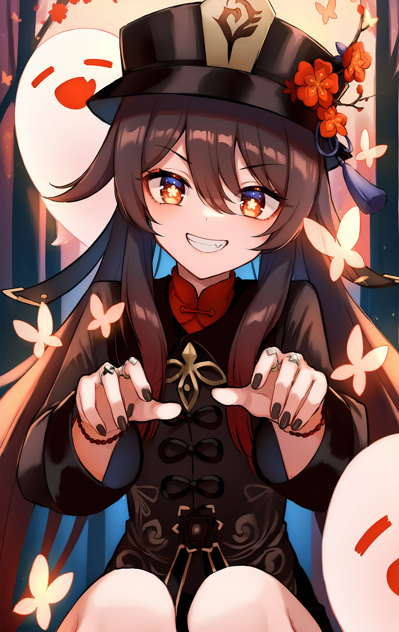 HuTao,HuTao\(Genshin\),1girl,smile,hat,ghost,looking at viewer,symbol-shaped pupils,brown hair,black nails,flower,ring,jewelry,long sleeves,solo,long hair,nail polish,red eyes,butterfly,chinese clothes,bug,twintails,grin,hat flower,hair between eyes,bangs,black headwear,:d,fang,<lora:HuTao_By-XieMo:1>,