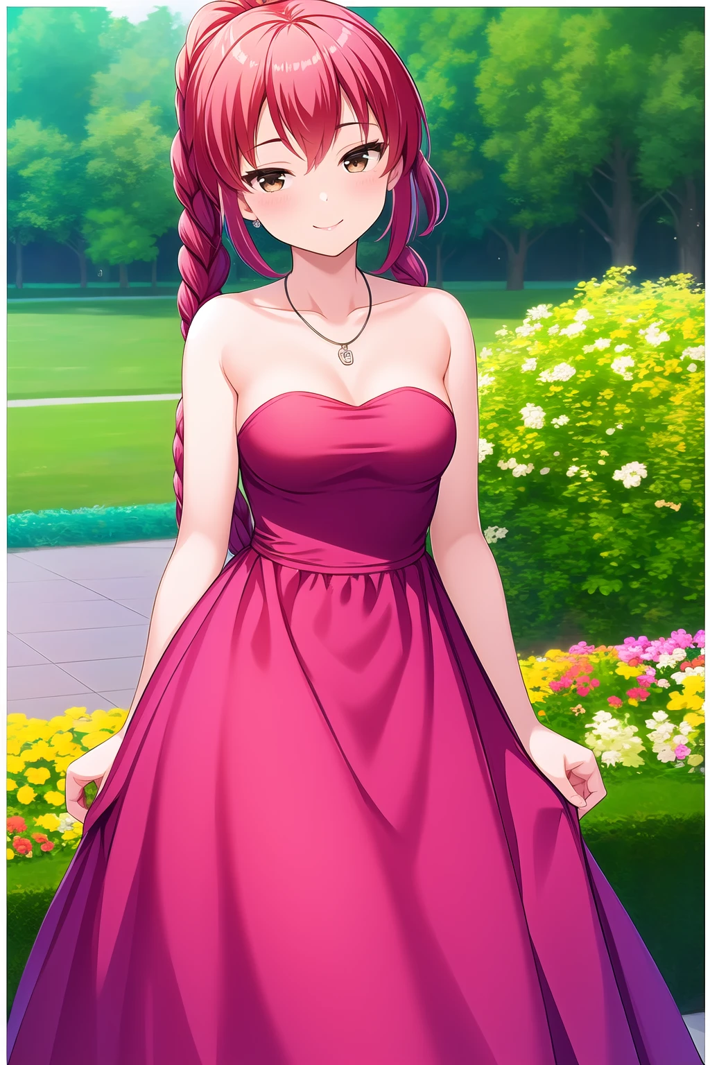 (masterpiece, best quality), highly detailed background, perfect lightingbest quality, yatsukayukie, solo, outdoors, garden, red hair, braided ponytail, single braid, hair over shoulder, hair between eyes, long hair, brown eyes, medium breasts, necklace, pink dress, strapless dress, bare shoulders, smile, closed mouth, :), pink lips, <lora:Yatsuka-Yukie:0.7>