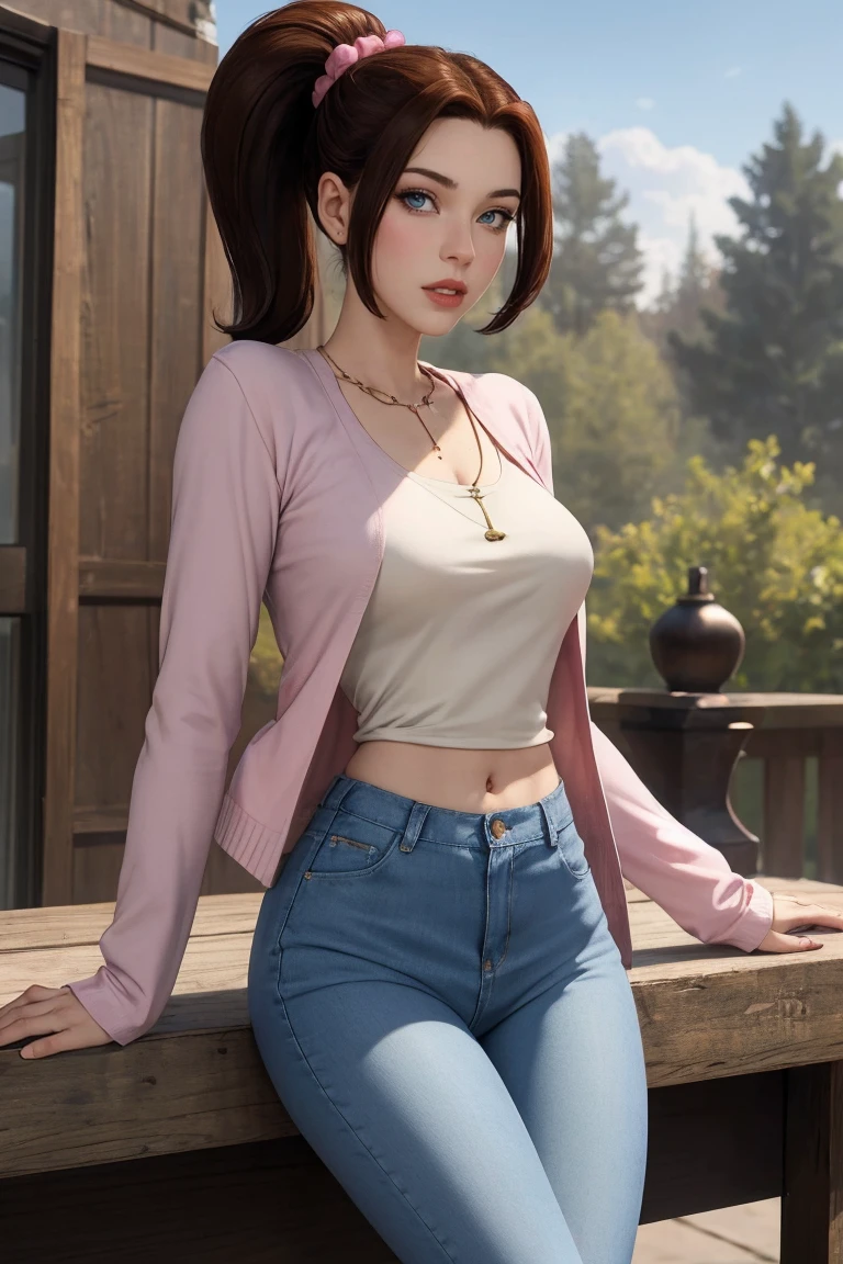 KittyPryde_Dress_ownwaifu,
1girl, brown hair, ponytail, necklace, jewelry, blue eyes,  lipstick,long sleeves, lips, long hair, medium breasts, blush, hair bun, scrunchie, makeup, red lips, hair ornament, 
jeans, denim,  shirt, blue pants, navel, capri pants, pink jacket, cardigan, 
<lora:CARTOON_X_MEN_Evolution_KittyPryde_ownwaifu:0.8> 
(masterpiece),(best quality),(highres),(extremely detailed CG unity 8k wallpaper), cowboy shot, looking at viewer, solo, focused, outdoors, day,