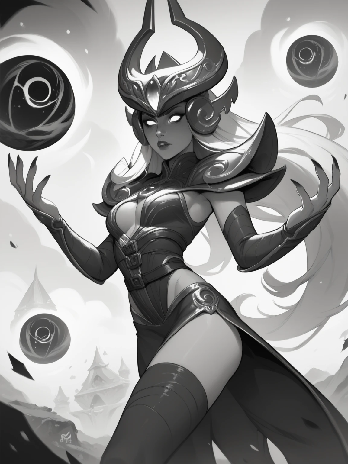 score_9, score_8_up, score_7_up, SyndraNormal, 1woman, solo, witch_outfit, crown, bare_feets, long_stocking, dark_sphere, monochrome, pop of colors, extremely detailed, paranoid, mood <lora:SyndraNormal:1>