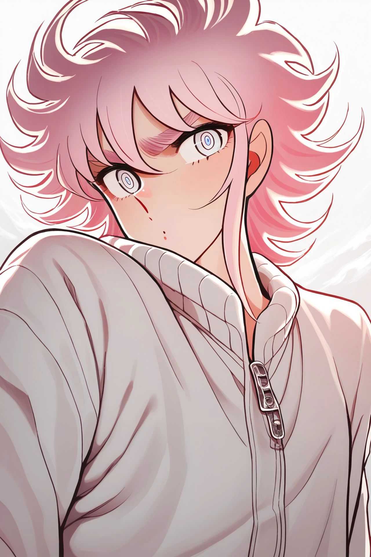 score_9, score_8_up, score_7_up, 1boy, flustered, looking at viewer, pink hair, silver eyes, bomber jacket, red_background <lora:Masami_Kurumada_PonyXL_style_v01.10.025:1>