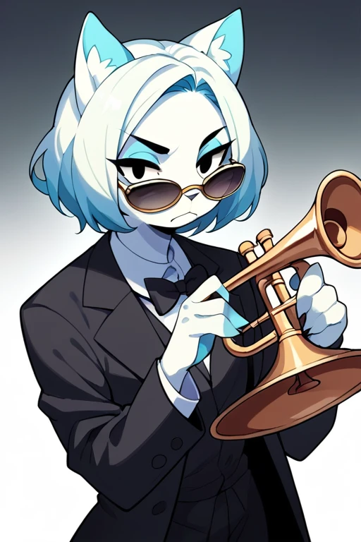 2D,anime, score_9, score_8_up, score_7_up, 1girl, solo, Karen, furry, cat, black eyes, white fur, white hair, blue hair, black tuxedo, sunglasses, trumpet<lora:EMS-361520-EMS:1.000000>