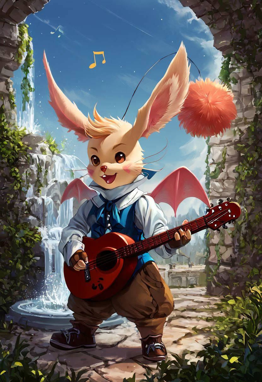 score_9, score_8_up, score_7_up, score_6_up, score_5_up, score_4_up, source_furry, moogle bard playing instrument, holding guitar, digital rpg art, thick strokes, gwentstyle, pink wings and brown pompom, standing on a fountain at a market square, cheering and singing, warm colors, musical note effects