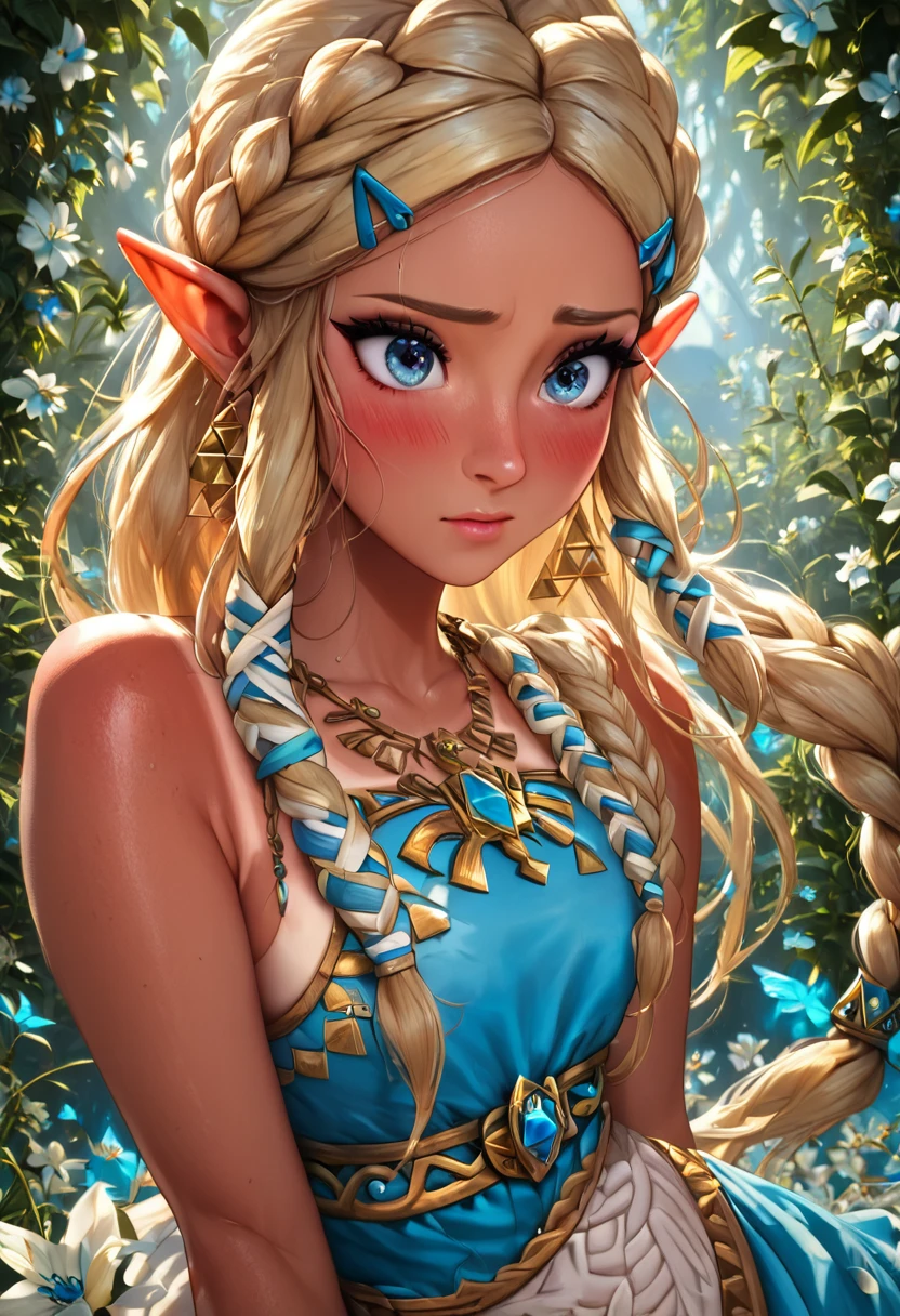 zPDXL, 1girl, masterpiece, absurdres, best quality, Princess Zelda, blonde hair, triforce necklace, blue eyes, eyelashes, long hair, (hyrule style dress, detailed, blue and white):1.4, blush, (bond braid, tan lines, tanned skin, detailed frontal lighting:1.5), standing in flower field <lora:add-detail-xl:1.5> <lora:DetailedEyes_V3:1> <lora:absurdres_quality:1>