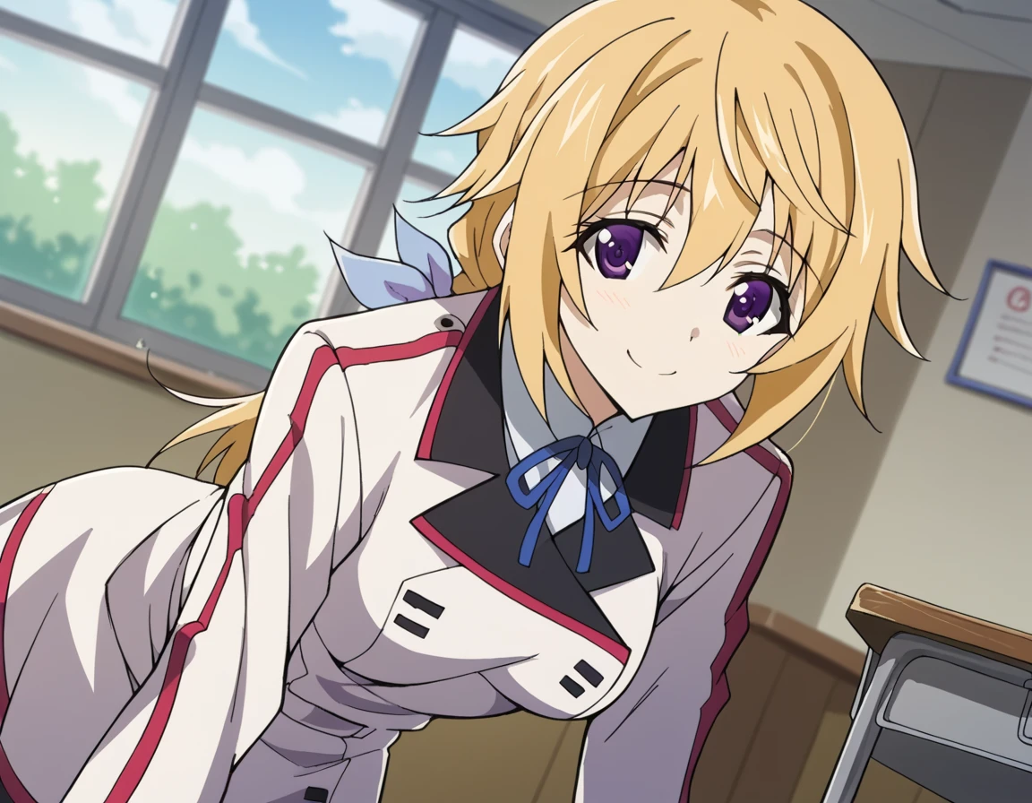 score_9, score_8_up, score_7_up, source_anime,
charlottedunois, <lora:charlotte-dunois-s2-ponyxl-lora-nochekaiser:1>,
charlotte dunois, long hair, blonde hair, ribbon, purple eyes, ponytail, hair ribbon,
school uniform, ribbon, blue ribbon, long sleeves, red trim, uniform, military uniform, white military uniform,
indoors, classroom, bent over, smile,
looking at viewer, cowboy shot, solo, dutch angle,