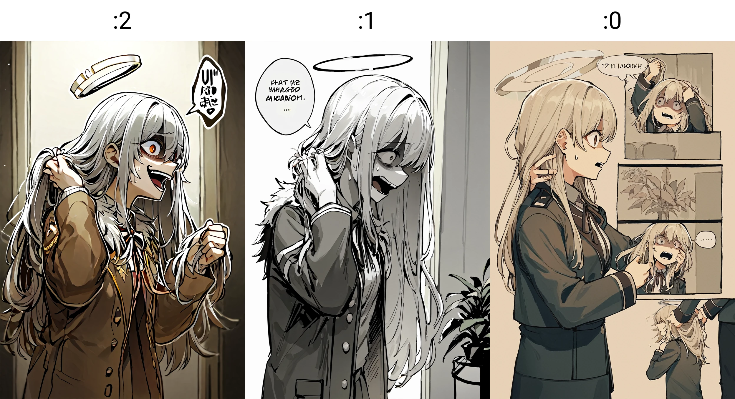 score_9, score_8_up, score_7_up, BREAK
1girl, crazy, military uniform, long hair, halo, looking to the side, jacket on shoulders, school uniform, monochrome, comic, scared, hands in hair, holding hair, yandere, jacket, open mouth, hand in own hair, uniform, shaded face, greyscale, holding, potted plant, sweatdrop, fur-trimmed jacket, solo, neck ribbon, fur trim, hedge, speech bubble, from side, plant, ribbon
<lora:You can't fix her DoRA PDXL:2>