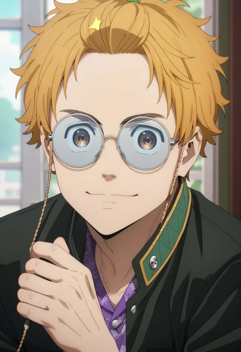 score_9, score_8_up, score_7_up, masterpiece, best quality, cute, male focus, AKIHIKO NIREI, BLONDE HAIR, BROWN EYES, glasses, purple shirt, SPARKLE,score_6_up<lora:EMS-362965-EMS:1.000000>