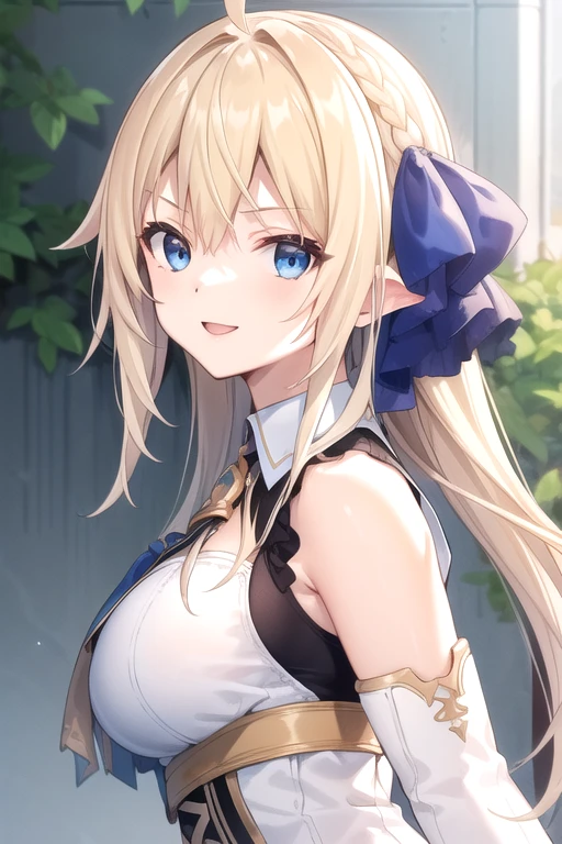 ((masterpiece)),(best quality),official art,extremely delicate and beautiful,extremely detailed CG,unity 8k wallpaper,ultra detailed,beautiful detailed eyes,extremely detailed face,outdoors,1girl,solo,upper body,(portrait:1.5),looking at viewer,facing viewer,smile,Lafilia Merck,ahoge,very long hair,blond hair,hair ribbon,blue ribbon,single braid,hair bow,blue bow,hair intakes,floating hair,sidelocks,hair between eyes,bangs,blue eyes,white shirt,short dress,white dress,sleeveless dress,detached sleeves,fingerless gloves,huge breasts,underbust,zettai ryouiki,thigh boots,white footwear,<lora:Lafilia Merck>,