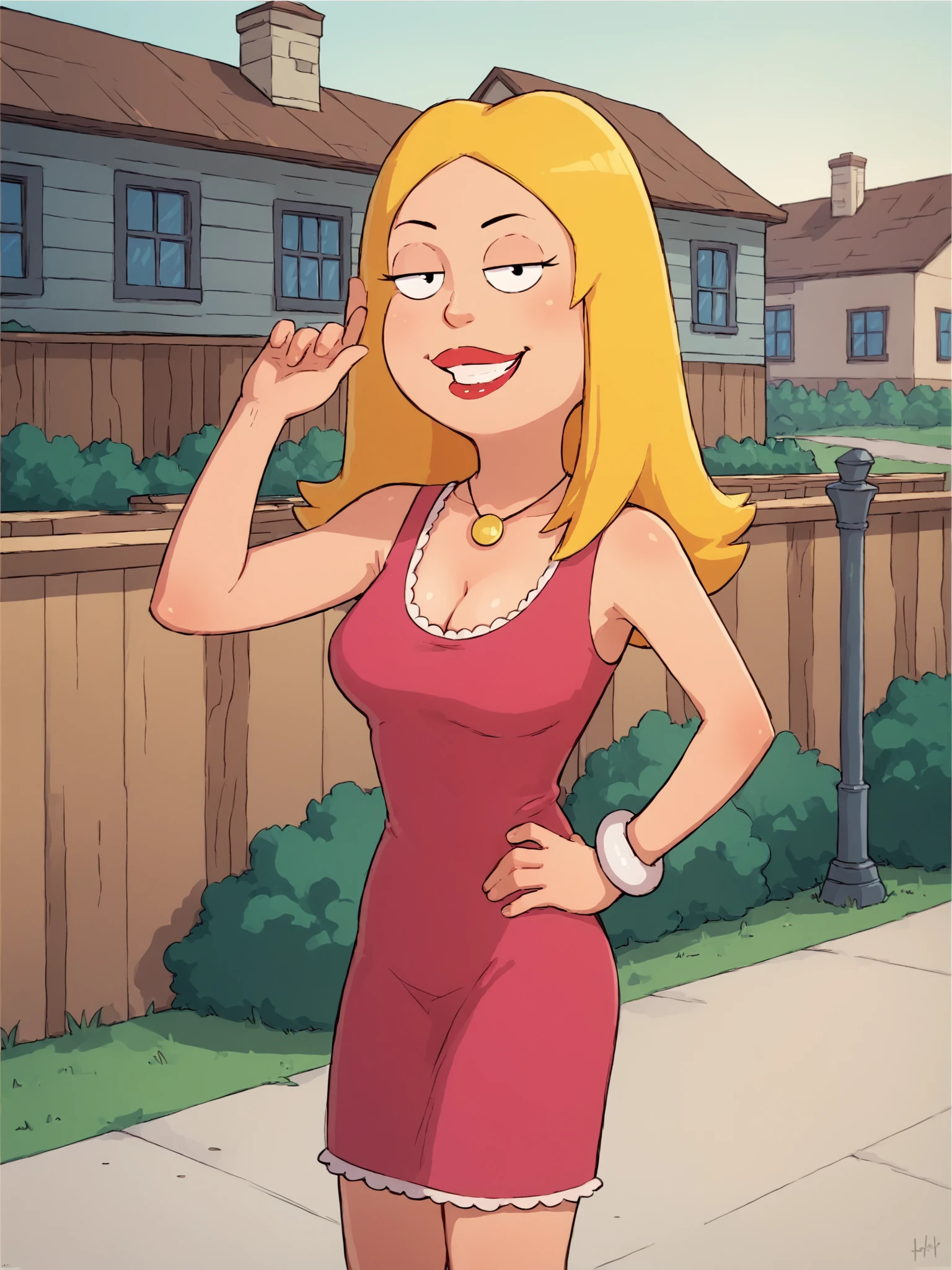 <lora:francinePony20epochs:1> francine,flat color, blonde hair, 1girl, long hair, white braclet, breasts, solo, necklace, cleavage, pink dress, dress, red lips, standing,looking at viewer,fit,outdoors, hand on own hip, breasts, smile, score_9, score_8_up, score_7_up, score_6_up, score_5_up, score_4_up